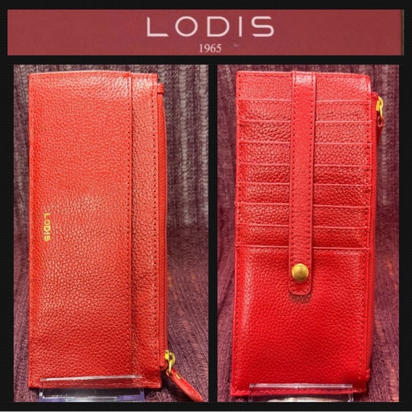 Lodis Handbags - Lodis Red Leather Long Wallet slim Card & Zip Wallet with Gold tone accents